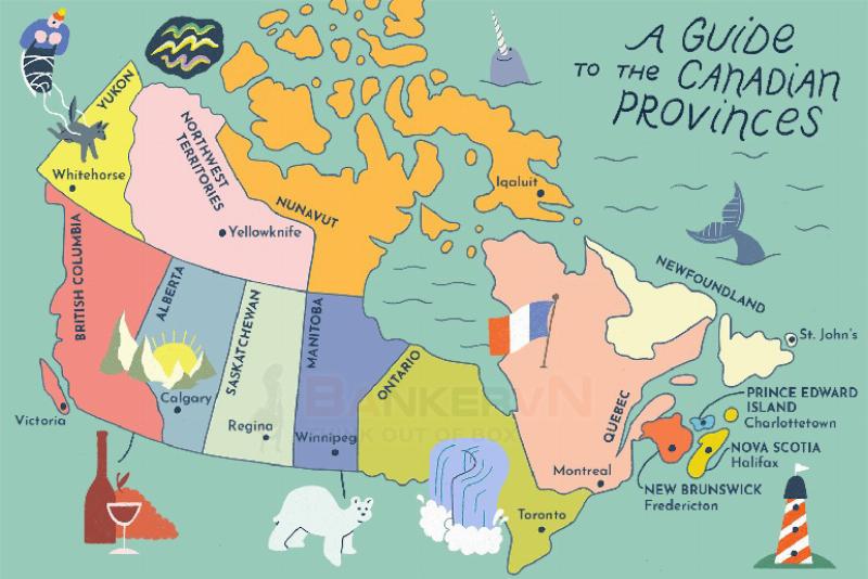 Bản đồ hiển thị diện tích của Canada, quốc gia lớn thứ hai thế giới, bao gồm các vùng hồ và lãnh thổ phía bắc rộng lớn