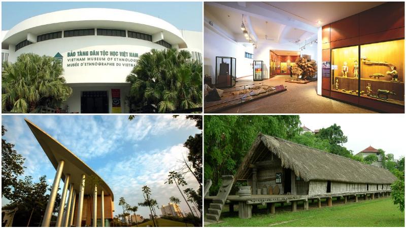 Bên ngoài Bảo tàng Dân tộc học Việt Nam với kiến trúc độc đáo và không gian xanh mát