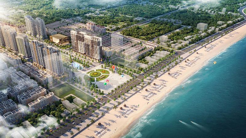 Hình ảnh minh họa dự án bất động sản nghỉ dưỡng cao cấp tại bờ biển Miền Trung, có thể có thêm biểu tượng đồng tiền hoặc mũi tên tăng trưởng