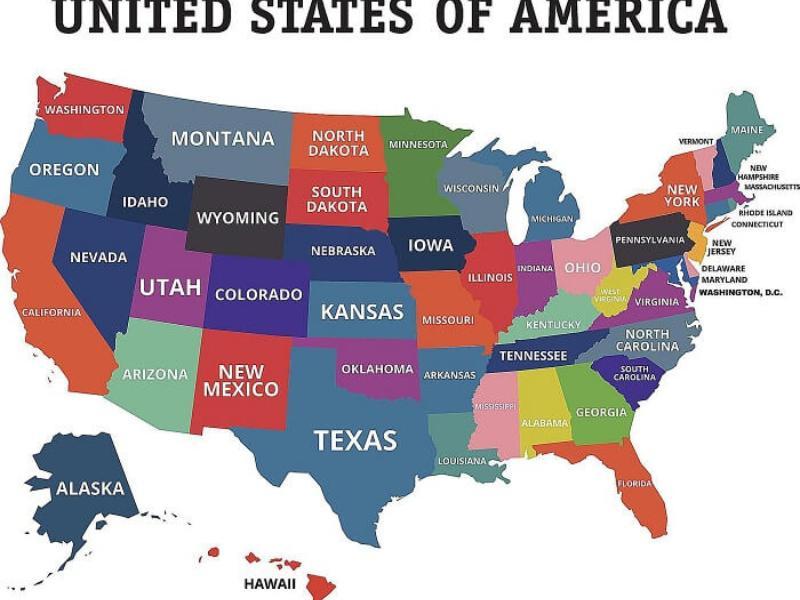 Minh họa múi giờ của các bang lớn tại Mỹ như California, New York, Texas, Florida, thể hiện sự đa dạng múi giờ.