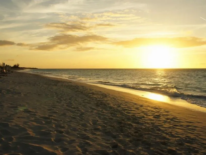 Hình ảnh một hòn đảo nhiệt đới ở vùng Caribe với bãi biển cát trắng, cây cọ và nước biển xanh ngọc bích.