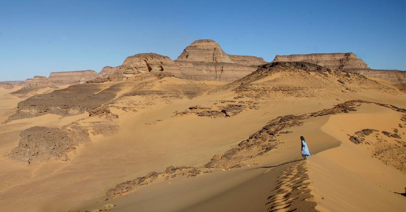 Cảnh quan rộng lớn và khô cằn của sa mạc Sahara tại Algeria, minh họa cho sự rộng lớn về diện tích của quốc gia này
